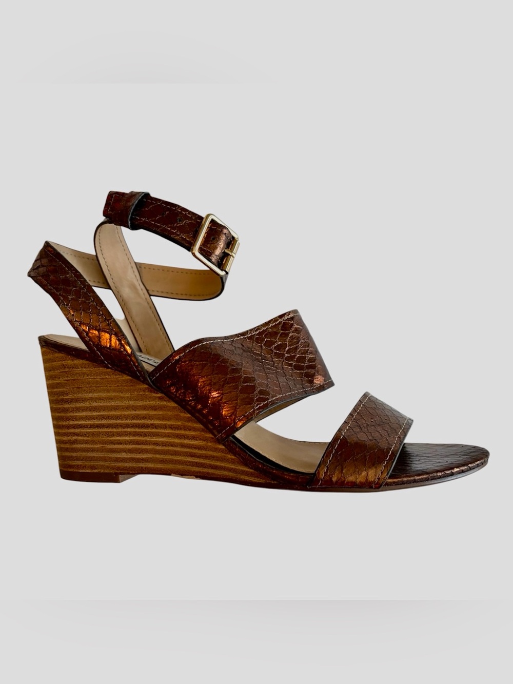 Steve Madden Size 9 Carlin Copper Snakeskin Wedge Sandal 3” Heel